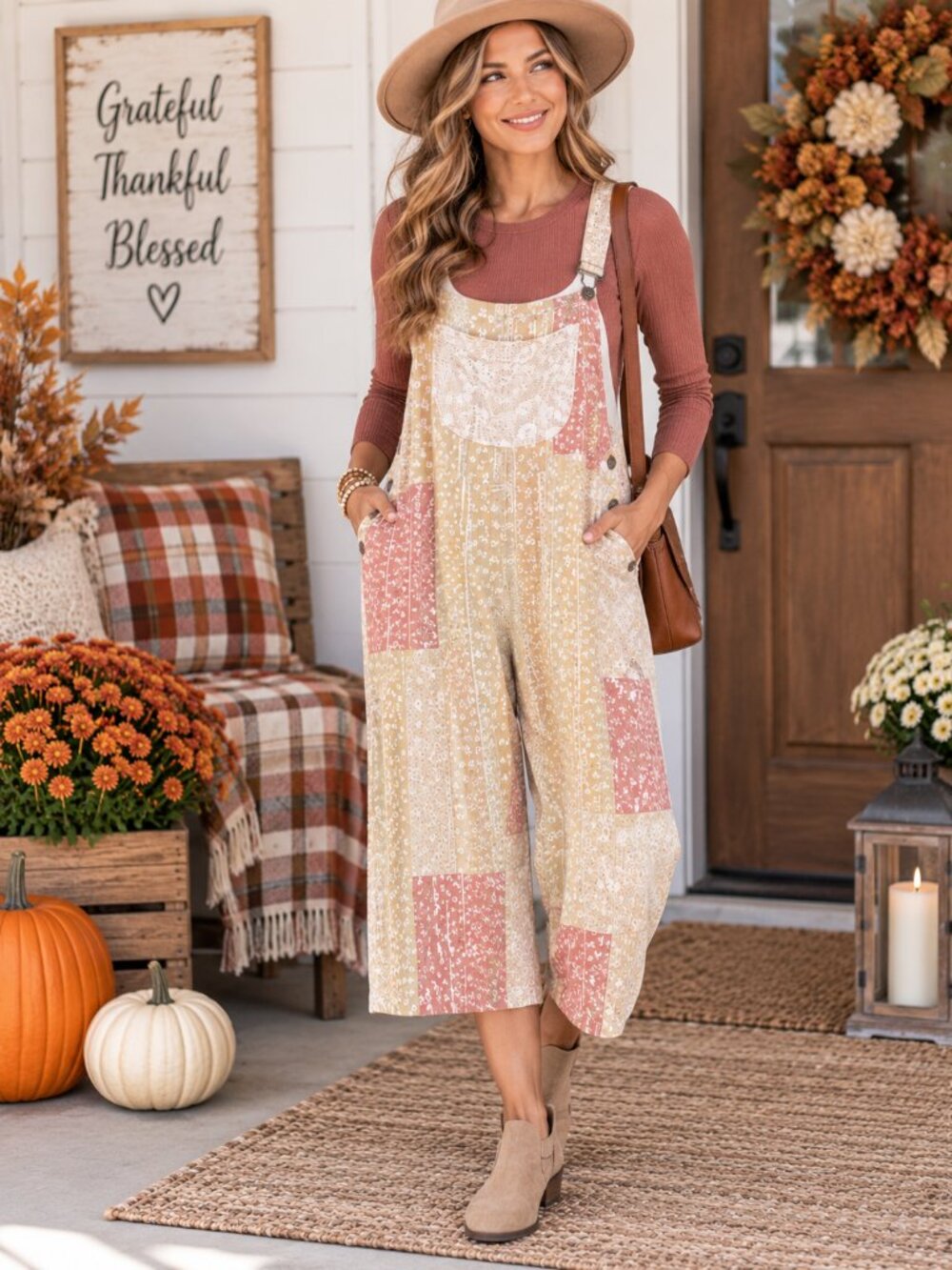 POL Patchwork Overalls M Floral Cotton Beige Terracotta Jumpsuit Romper
